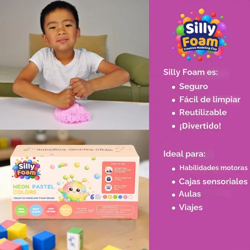 Vista 7 de Espuma Tonta, Cuentas de Espuma de Modelado Creativo, Paquete de 2 de 6 Primarios + 6 Bloques Pastel Neón, Sin Slime Sin Desorden, Perfecto
