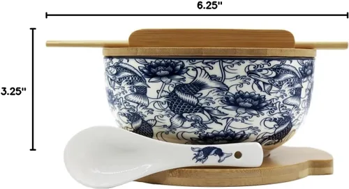 Vista 8 de XWORLD Juego de cuencos de cerámica japonesa para fideos ramen con cuchara de cerámica, palillos de bambú, tapa y salvamanteles, capacidad