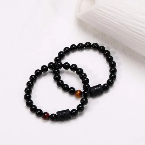 Vista 4 de Jade cabbage Pulsera del zodiaco para pareja de 0.315in 0.394in, pulsera de cuentas de piedra de ónix negro natural para hombres y mujeres, signo