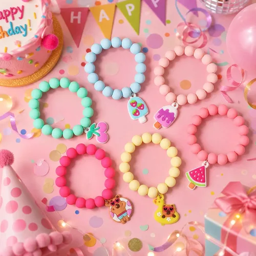 Vista 3 de PinkSheep Pulsera con colgante de cuentas de unicornio para niños y niñas, 6 unidades, arcoíris, monstruo, sol, flor, corazón, meteorito, amuleto