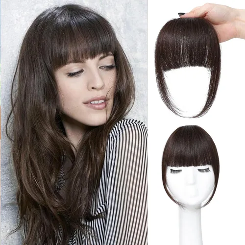 Vista 14 de ELEFOCUS Flequillo con clip, extensiones de cabello humano 100% real, flequillo falso francés 18#, clip de cabello en flequillo para mujeres, flecos