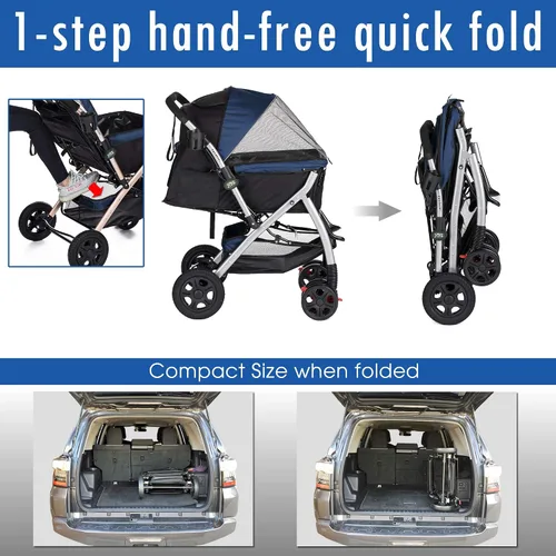 Vista 5 de HPZ Pet Rover - Cochecito de viaje resistente para perros, gatos y mascotas, con compartimento convertible, entrada sin cremallera, mango