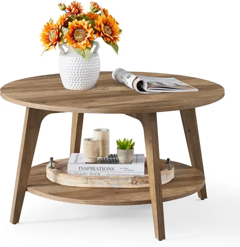 Vista 10 de VASAGLE Colección MAEZO - Mesa de café redonda, mesa de centro de 2 niveles con almacenamiento, patas cónicas, transiciones curvas, 31.5 pulgadas