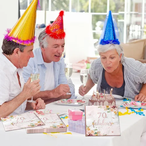 Vista 3 de Decoraciones de cumpleaños número 70 para mujer, 40 servilletas de papel falulous de color oro rosa, suministros de fiesta de cumpleaños