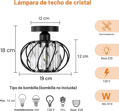 Vista 6 de FRIDEKO HOME Paquete de 2 Luces de Techo Semi Empotradas - Pequeña Lámpara de Araña de Cristal para Pasillo con Jaula de Metal Negro, Accesorio