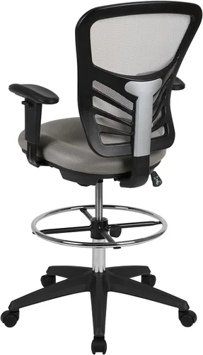 Vista 5 de Flash Furniture Silla de dibujo ergonómica de malla gris claro con anillo de pie cromado ajustable, brazos ajustables y marco negro Malla gris