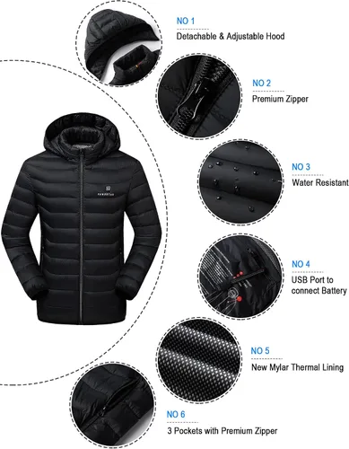 Vista 4 de Venustas Chaqueta térmica con batería unisex abrigo térmico para mujeres y hombres con capucha desmontable
