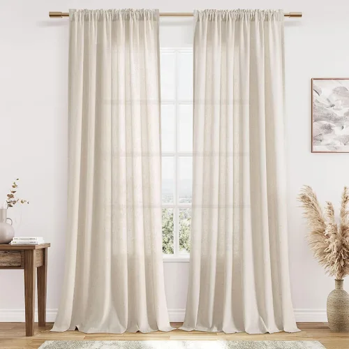 Vista 17 de Cortinas de lino verde aguamarina de 84 pulgadas de largo, juego de 2 paneles semitransparentes con bolsillo para barra para comedor, decoración