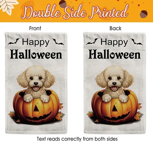 Vista 5 de Bandera de jardín de bulldog de Halloween de 12.5 x 18 pulgadas, vertical, doble cara, calabaza de Feliz Halloween, linda cachorro, decoración