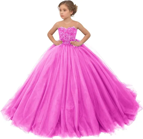 Vista 8 de Precioso vestido de niña de flores de tul para niños de boda con cuentas princesa sin mangas vestidos de baile