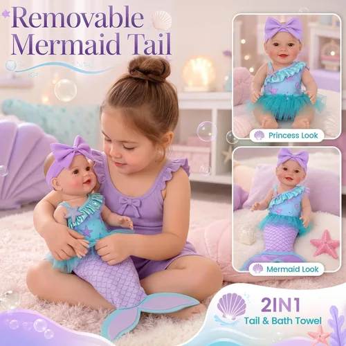 Vista 8 de BABESIDE Muñeca de sirena con juego de sirena extraíble, vinilo completo