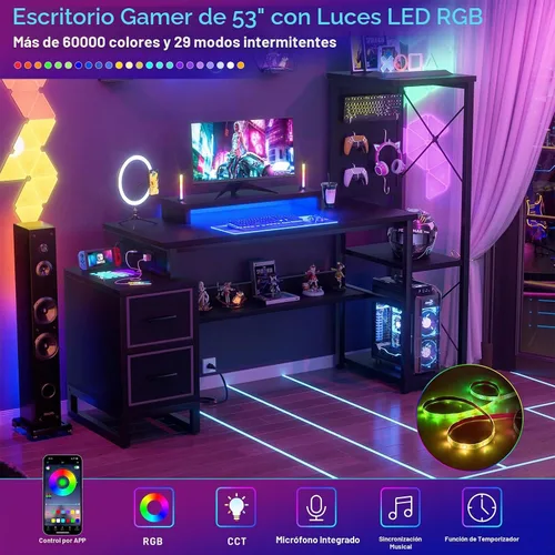 Vista 4 de Escritorio para computadora con 2 cajones de tela - Escritorio reversible de oficina en casa con toma de corriente y luces LED, escritorio de Negro