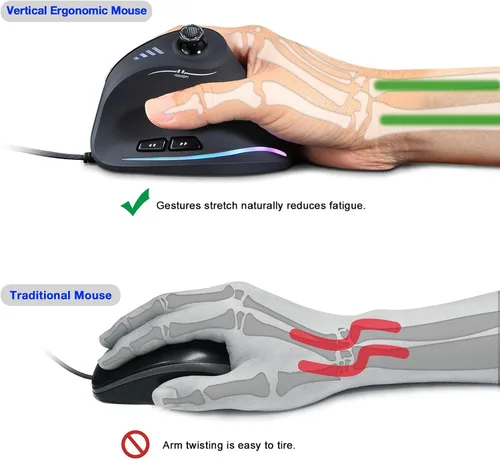 Vista 5 de Ratón ergonómico con cable con joystick, mouse vertical para gamer, 11 botones programables, 10000 DPI, mouse ajustable para juegos para PC, Mac