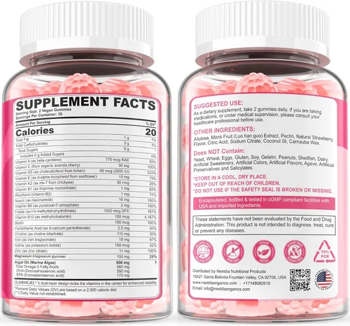 Vista 9 de Vitaminas Prenatales para Mujeres en Gomitas, Metilfolato 1mg, Omega 3 DHA Vegano 800mg, Hierro, Colina, Yodo, Vitamina D3 B6 B12 - Multivitamínico