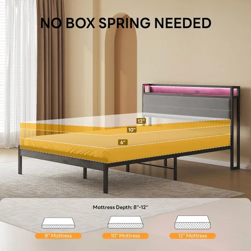 Vista 6 de LIKIMIO - Base de cama Queen con cabecero, luces LED y estación de carga