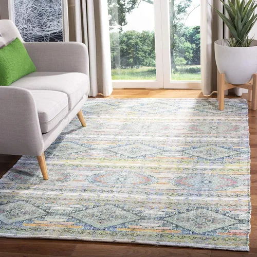 Vista 11 de SAFAVIEH Saffron Collection - Alfombra decorativa de 2 pies 3 pulgadas x 3 pies 9 pulgadas, color crema y azul, hecha a mano de algodón desgastado