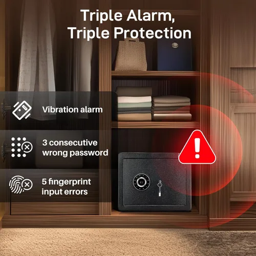 Vista 5 de Caja de seguridad biométrica ADIMO, caja de seguridad para el hogar de 1.2 pies cúbicos con teclado táctil de huellas dactilares, estante extraíble