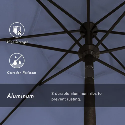 Vista 3 de California Umbrella Paraguas redondo de aluminio del mercado de 9', elevación de manivela, inclinación del botón, poste de bronce Azul (Air Blue)