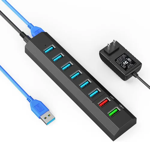 Vista 9 de Aiibe - Concentrador USB, 6 puertos USB 3.0 de súper alta velocidad + adaptador de corriente de 24 W + cable USB 3.0, cargador rápido inteligente