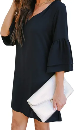 Vista 2 de BELONGSCI Vestido de verano 2024 para mujer, dulce y lindo, con cuello en V, manga acampanada, mini vestido, perfecto para bodas o graduaciones
