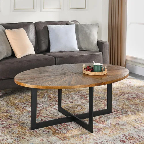 Vista 3 de LEEMTORIG KFZ-1831 - Mesa auxiliar ovalada de madera maciza para sala de estar, mesa de centro industrial grande y moderna de 47.9 pulgadas, mesa