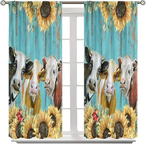Vista 2 de Cortinas de vaca de animales de granja, ventana con estampado de girasol y vida silvestre del oeste para dormitorio, bolsillo para barra de madera