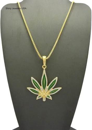 Vista 5 de Brillante joyeros EE. UU. Para hombre Iced Out (), color verde de mariguana hojas marihuana Hip Hop colgante caja, cuerda, cubano collar