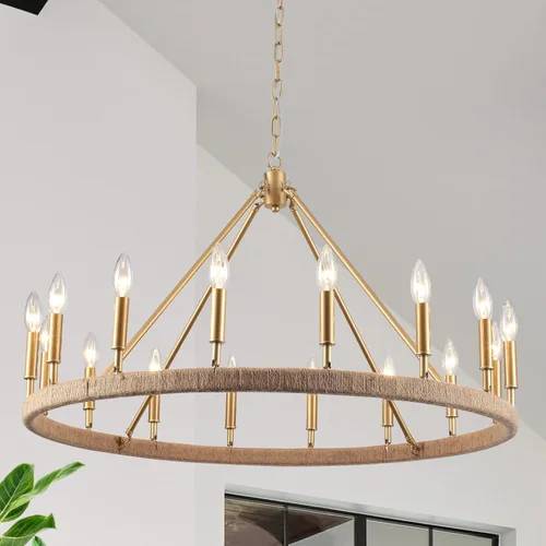 Vista 10 de Candelabro de Granja para Comedor de 5 Luces Negro Rústico de Tambor Candelabros de 20" Textura de Madera Lámpara Colgante Ajustable para Isla