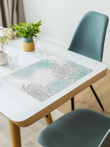 Vista 6 de Juego de 4 manteles individuales para mesa de comedor, diseño de crisantemo, color aguamarina, lino de algodón, impermeable, fácil de limpiar