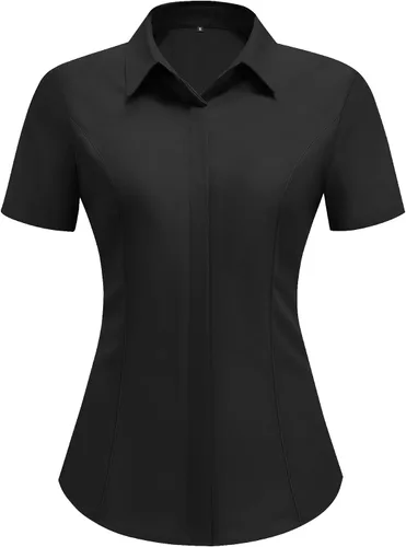Vista 4 de HOTOUCH Camisas de manga corta con botones para mujer, blusa con cuello ajustado, blusa básica de verano para oficina, tallas S-2XL