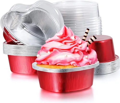 Vista 10 de Juego de 40 moldes de papel de aluminio para tartas en forma de corazón con tapas, 3.4 fl oz/3.4 onzas, desechables, mini tazas para hornear