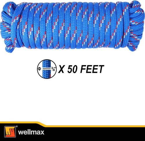 Vista 4 de Wellmax Cuerda de nailon trenzado de diamante, 3/8 pulgadas por 50 pies, color azul, extra fuerte, resistente a la luz solar y a la intemperie