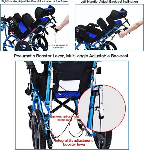 Vista 3 de Silla de ruedas Silla de ruedas totalmente acostada para accidente cerebrovascular hemiplejia discapacitada, parálisis cerebral, silla de ruedas
