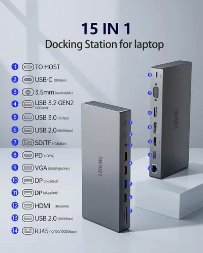 Vista 2 de Estación de acoplamiento para laptop con monitor doble, estación de acoplamiento USB C 15 en 1 con puerto de pantalla dual 4K, HDMI, VGA, 100 W PD