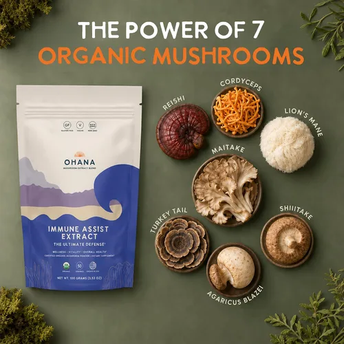 Vista 16 de Ohana Immune Assist Blend, polvo orgánico de hongos integrales USDA, mezcla de 8 hongos cultivados en Estados Unidos, ideal para energía, inmunidad