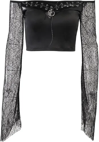 Vista 6 de Camiseta de manga larga con estampado de bruja gótica para mujer, diseño de retazos góticos, ropa estética