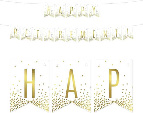 Vista 22 de Andaz Press Decoraciones divertidas de pancarta con diseño de confeti dorado metálico sobre blanco para fiestas de jubilación, la aventura comienza
