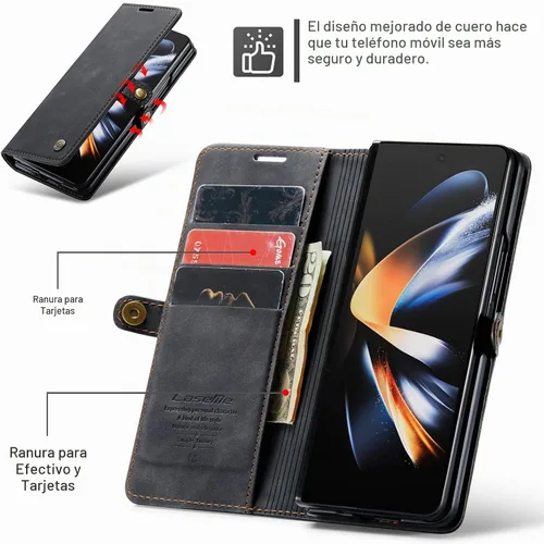 Vista 2 de Funda de cuero tipo cartera con tapa para Samsung Galaxy Z Fold4, con tarjetero y cierre magnético, a prueba de golpes, con soporte plegable, funda