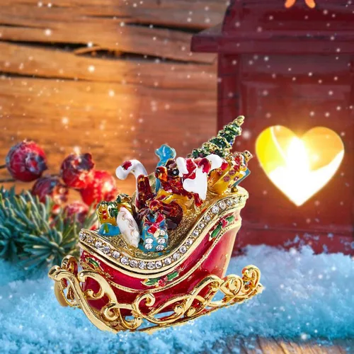 Vista 5 de YU FENG Caja de joyería de trineo de Navidad, caja de baratijas con bisagras coleccionables de diamantes de imitación pintados esmaltados esmaltados