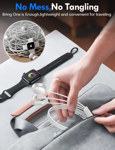 Vista 7 de Esenciales de viaje para cargador de Apple Watch, cargador de iPhone, cable de carga de viaje 3 en 2 tipo C/Lightning/magnético, cable de carga