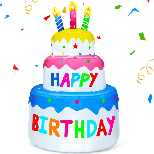 Vista 7 de Decoraciones inflables de pastel de cumpleaños feliz de 4 pies para exteriores con luces, decoración hinchable de fiesta de cumpleaños de días