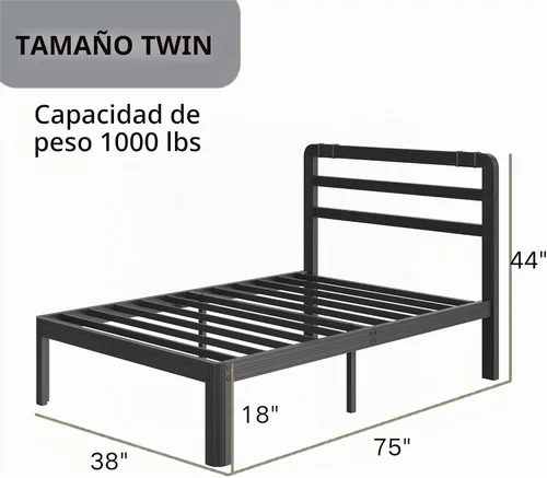 Vista 2 de ZIYOO Marco de cama de plataforma de metal individual de 18 pulgadas con cabecero, base de cama de listones de acero resistente de 1000 libras