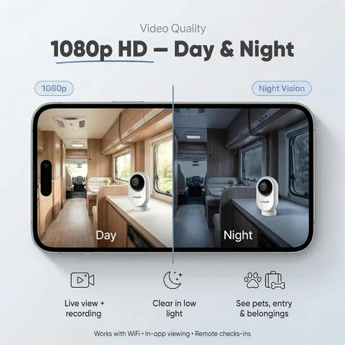 Vista 3 de Waggle Mini cámara RV – Cámara de seguridad inalámbrica HD de 1080p para caravanas – Tarjeta SD integrada (128 GB), audio bidireccional, visión