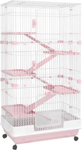 Vista 12 de Jaula para animales pequeños de 6 niveles PawHut con ruedas, bandeja extraíble, plataforma y rampa para conejos, chinchillas, hurones, color negro