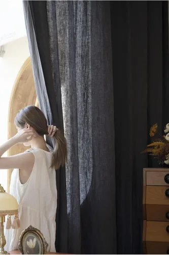 Vista 6 de Cortinas semitransparentes de 100 % lino para sala de estar, juego de cortinas largas plisadas de estilo bohemio neutro para decoración de casa