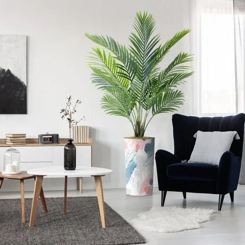 Vista 17 de Árbol artificial con diseño de hojas blancas y negras, palmera tropical areca artificial de seda para decoración del hogar en interiores y Diseño