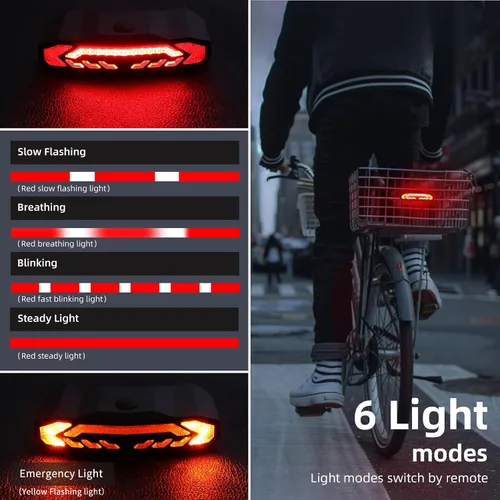 Vista 5 de WSDCAM Smart Bike Seat/Bike Basket Tail Light with Turn Signals and Brake Light, Bike Alarm Horn with Remote, Rechargeable Rear Bike Light for Night