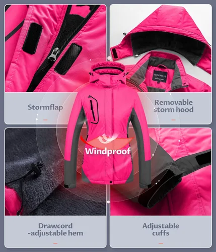 Vista 6 de CREATMO US Chaqueta de esquí impermeable de montaña para mujer, resistente al viento, chaqueta de snowboard cálida para invierno