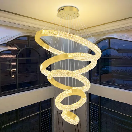 Vista 7 de Gran araña de anillo dorado moderna LED de 5 anillos de cristal para techos altos Vestíbulo Escalera de arañas D12''+20''+28''+35''+43'' Oro