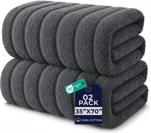 Vista 22 de DAN RIVER Paquete de 2 toallas de baño de 35 x 70 pulgadas, toallas de baño negras acanaladas de gran tamaño, esponjosas y gruesas, toallas de baño